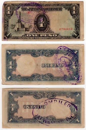 View of front of JAPWANCAP endorsed 1 Peso note and back of two notes showing two JAPWANCAP stamps.