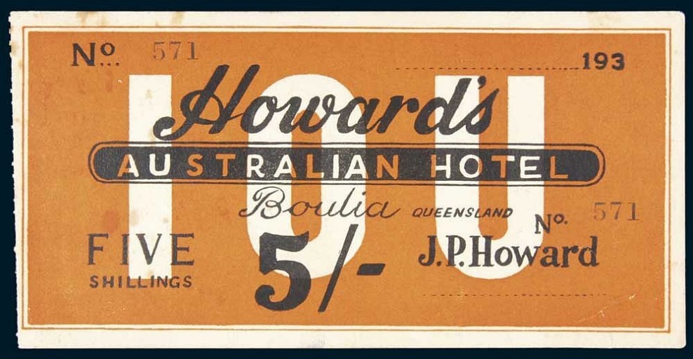 Shinplaster from the 1930s from Howard’s Australian Hotel.